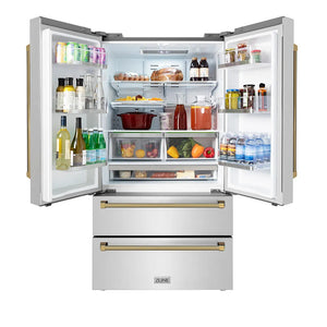 ZLINE Autograph Edition 36 in. 22.5 cu. ft. Counter-Depth French Door Refrigerator with Ice Maker in Fingerprint-Resistant Stainless Steel and Polished Gold Helix Handles (RFMZ-36-KG) front, open.