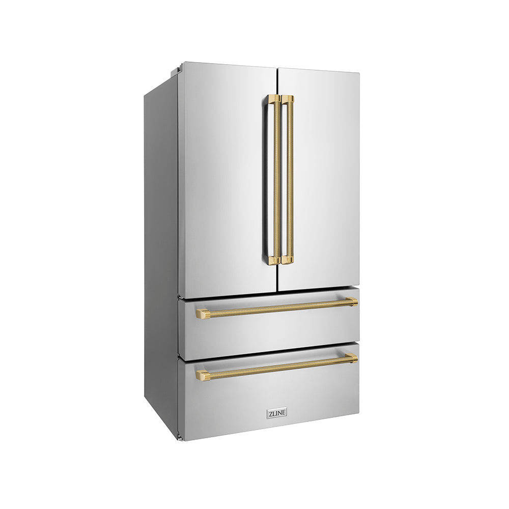 ZLINE Autograph Edition 36 in. 22.5 cu. ft. Counter-Depth French Door Refrigerator with Ice Maker in Fingerprint-Resistant Stainless Steel and Polished Gold Helix Handles (RFMZ-36-KG) side.