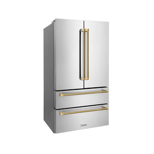 ZLINE Autograph Edition 36 in. 22.5 cu. ft. Counter-Depth French Door Refrigerator with Ice Maker in Fingerprint-Resistant Stainless Steel and Polished Gold Helix Handles (RFMZ-36-KG) side.