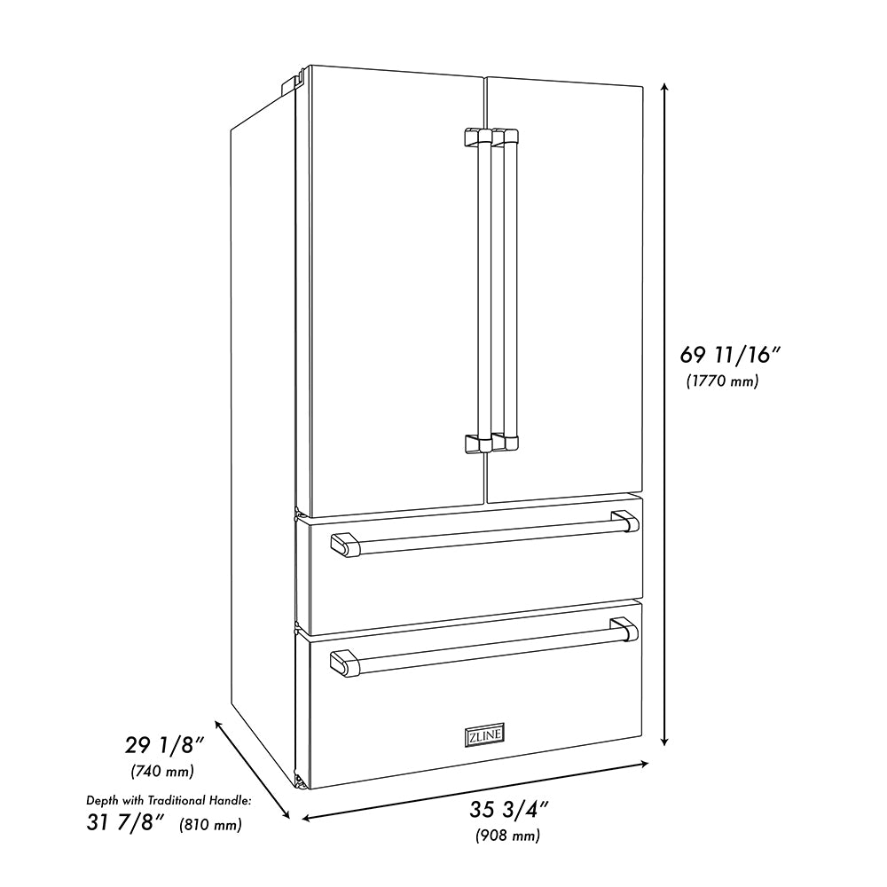 ZLINE Autograph Edition 36 in. 22.5 cu. ft. Counter-Depth French Door Refrigerator with Ice Maker in Fingerprint-Resistant Stainless Steel and Polished Nickel Helix Handles (RFMZ-36-KPN) dimensional diagram.