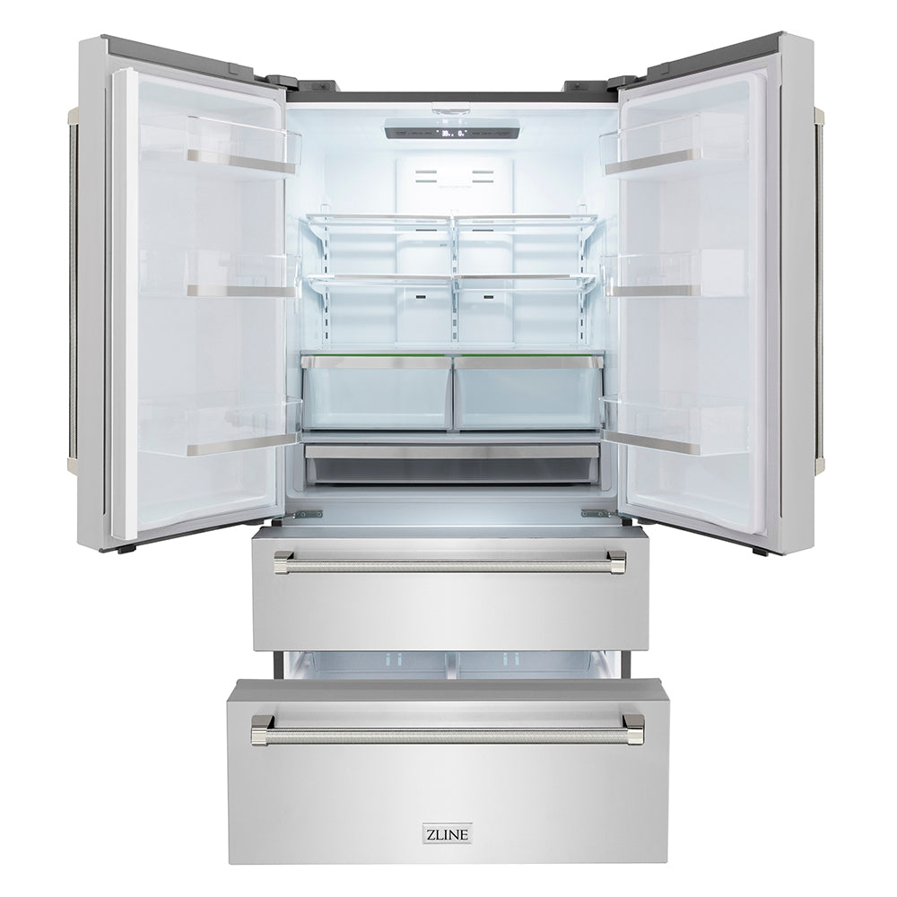 ZLINE Autograph Edition 36 in. 22.5 cu. ft. Counter-Depth French Door Refrigerator with Ice Maker in Fingerprint-Resistant Stainless Steel and Polished Nickel Helix Handles (RFMZ-36-KPN) front, refrigeration compartment and bottom freezer drawers open.