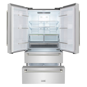 ZLINE Autograph Edition 36 in. 22.5 cu. ft. Counter-Depth French Door Refrigerator with Ice Maker in Fingerprint-Resistant Stainless Steel and Polished Nickel Helix Handles (RFMZ-36-KPN) front, refrigeration compartment and bottom freezer drawers open.
