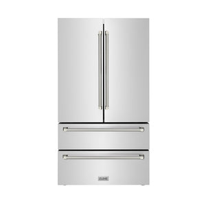 ZLINE Autograph Edition 36 in. 22.5 cu. ft. Counter-Depth French Door Refrigerator with Ice Maker in Fingerprint-Resistant Stainless Steel and Polished Nickel Helix Handles (RFMZ-36-KPN)