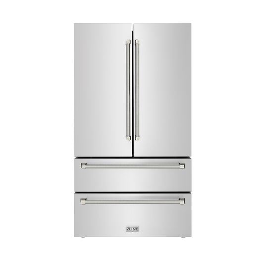 ZLINE Autograph Edition 36 in. 22.5 cu. ft. Counter-Depth French Door Refrigerator with Ice Maker in Fingerprint-Resistant Stainless Steel and Polished Nickel Helix Handles (RFMZ-36-KPN)