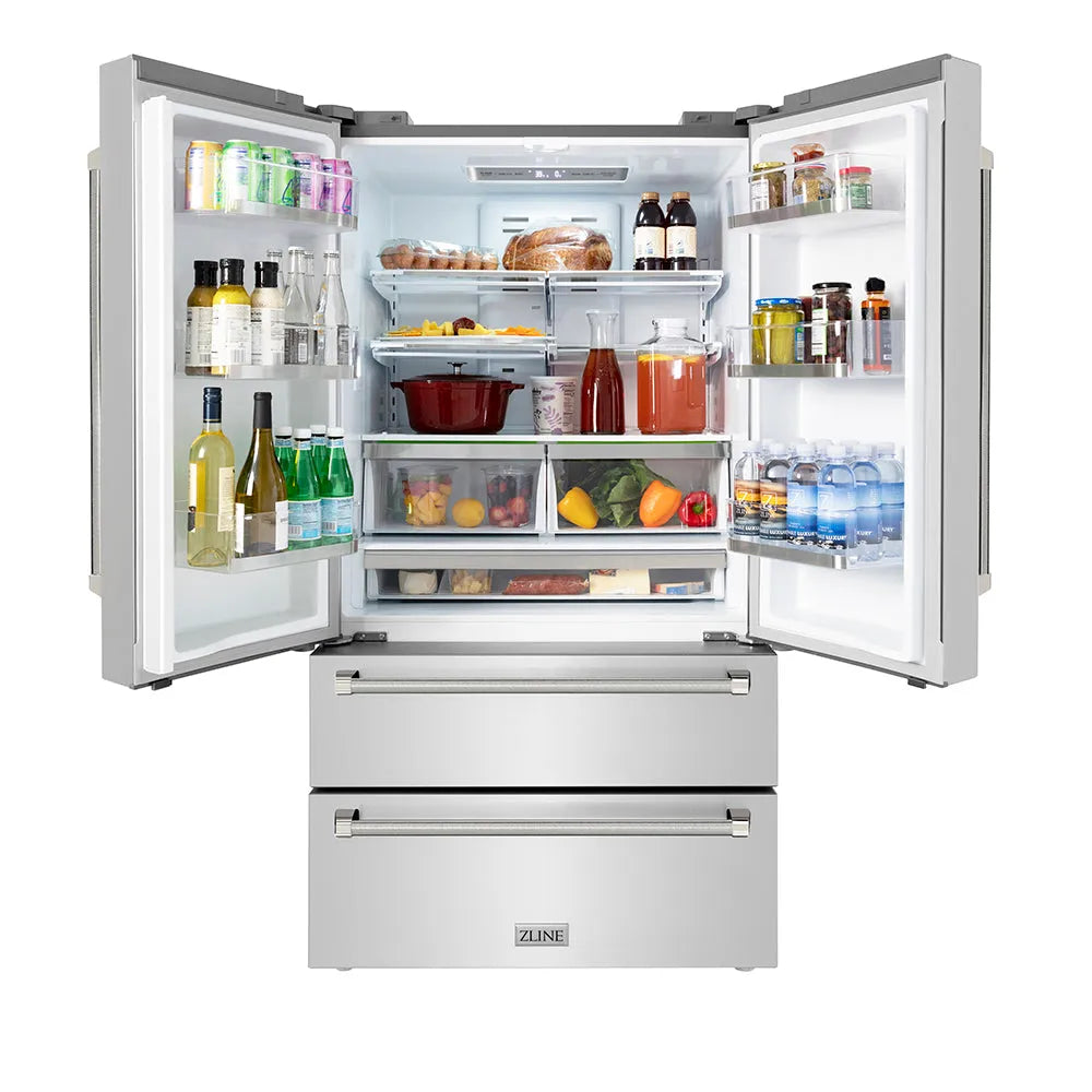 ZLINE Autograph Edition 36 in. 22.5 cu. ft. Counter-Depth French Door Refrigerator with Ice Maker in Fingerprint-Resistant Stainless Steel and Polished Nickel Helix Handles (RFMZ-36-KPN) front, open.