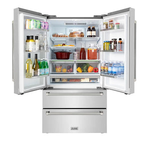 ZLINE Autograph Edition 36 in. 22.5 cu. ft. Counter-Depth French Door Refrigerator with Ice Maker in Fingerprint-Resistant Stainless Steel and Polished Nickel Helix Handles (RFMZ-36-KPN) front, open.