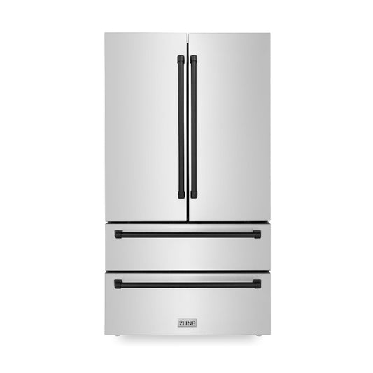 ZLINE Autograph Edition 36 in. 22.5 cu. ft Freestanding French Door Refrigerator with Ice Maker in Fingerprint Resistant Stainless Steel with Matte Black Accents (RFMZ-36-MB) front, closed.