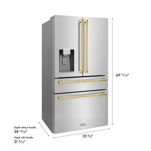 ZLINE Autograph Edition 36 in. 21.6 cu. ft. Counter-Depth French Door Refrigerator with Water and Ice Dispenser in Fingerprint-Resistant Stainless Steel with Polished Gold Traditional Handles (RFMZ-W-36-G) dimensional diagram.