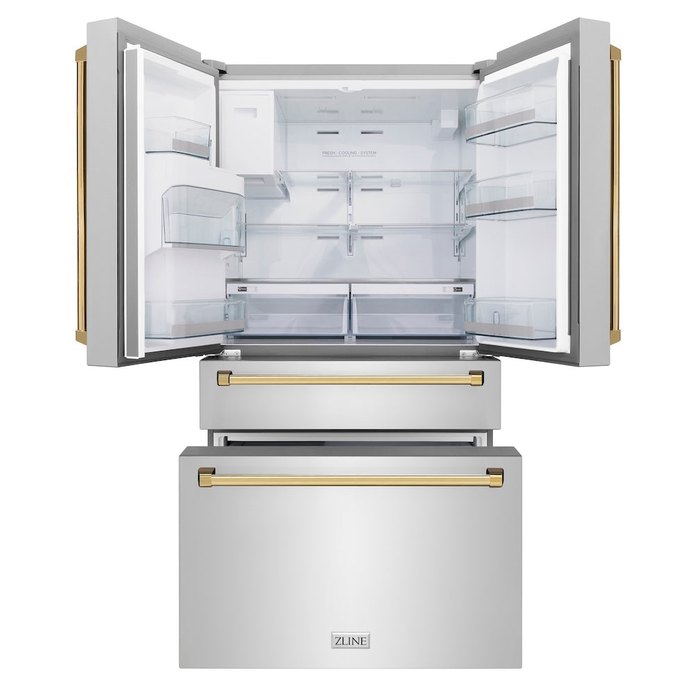 ZLINE Autograph Edition 36 in. 21.6 cu. ft. Counter-Depth French Door Refrigerator with Water and Ice Dispenser in Fingerprint-Resistant Stainless Steel with Polished Gold Traditional Handles (RFMZ-W-36-G) front, refrigeration compartment and bottom freezer drawers open.