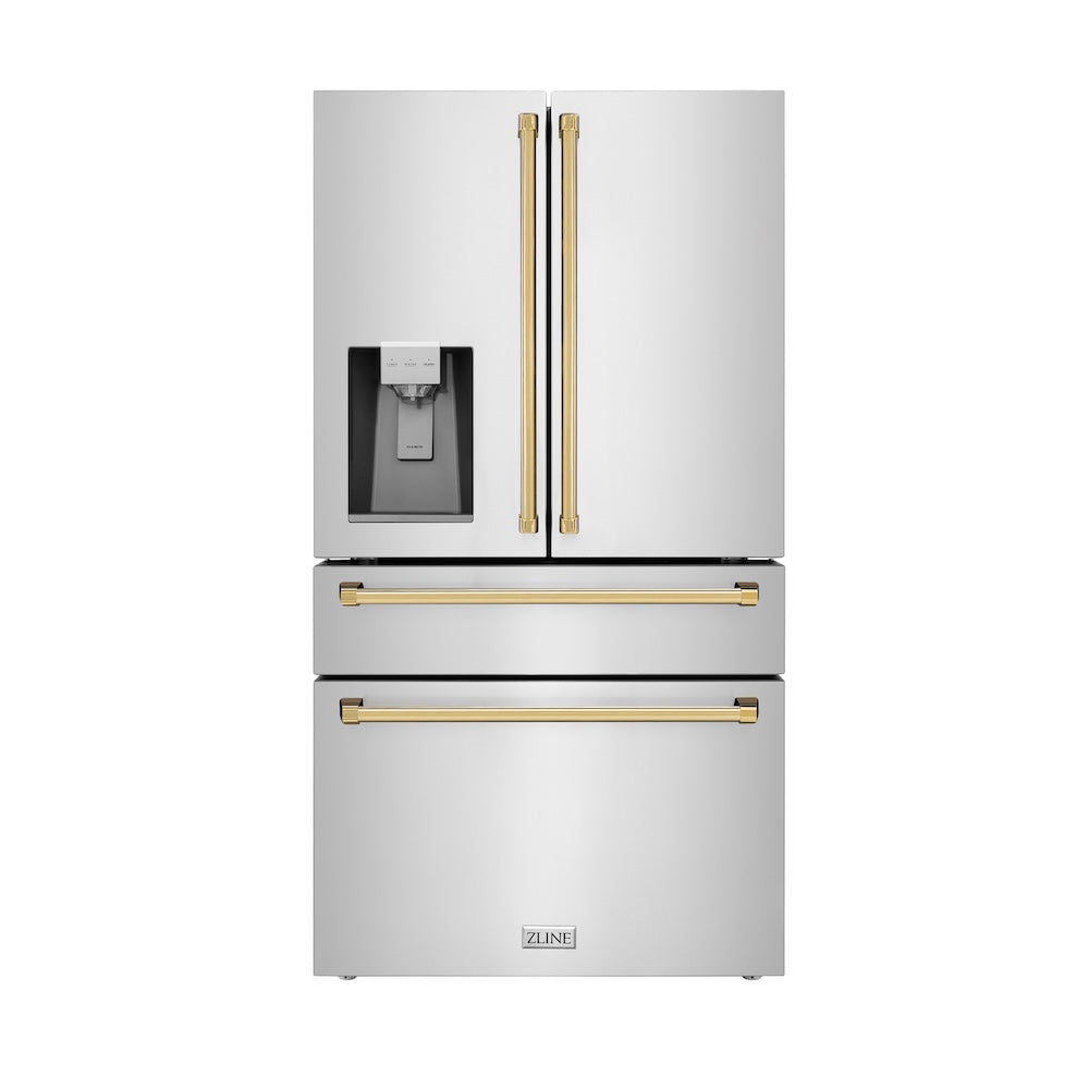 ZLINE Autograph Edition 36 in. 21.6 cu. ft. Counter-Depth French Door Refrigerator with Water and Ice Dispenser in Fingerprint-Resistant Stainless Steel with Polished Gold Traditional Handles (RFMZ-W-36-G) main image.
