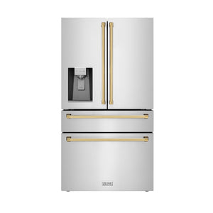 ZLINE Autograph Edition 36 in. 21.6 cu. ft. Counter-Depth French Door Refrigerator with Water and Ice Dispenser in Fingerprint-Resistant Stainless Steel with Polished Gold Traditional Handles (RFMZ-W-36-G) main image.