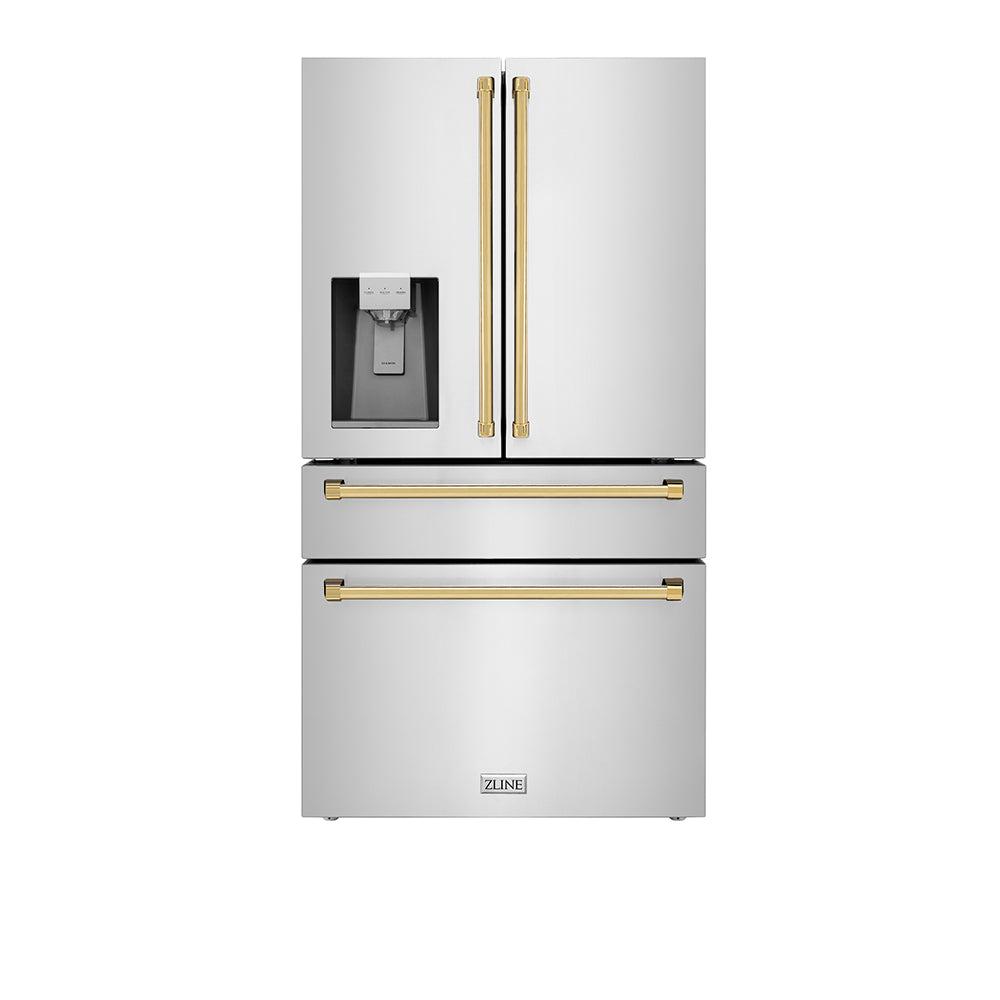 ZLINE Autograph Edition 36 in. 21.6 cu. ft Freestanding French Door Refrigerator with Water Dispenser in Stainless Steel with Polished Gold Accents (RFMZ-W-36-G)