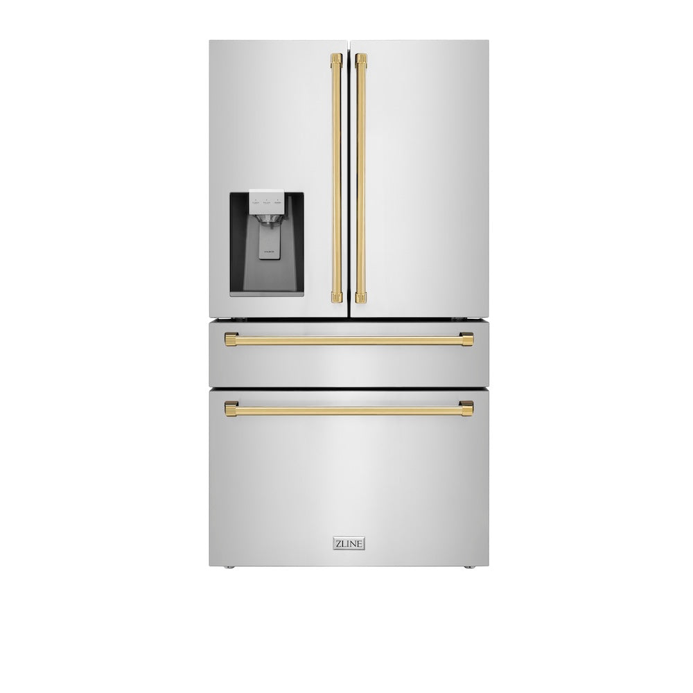 ZLINE Autograph Edition 36 in. 21.6 cu. ft. Counter-Depth French Door Refrigerator with Water and Ice Dispenser in Fingerprint-Resistant Stainless Steel with Polished Gold Traditional Handles (RFMZ-W-36-G) front, closed.