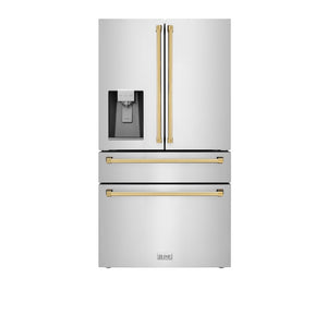 ZLINE Autograph Edition 36 in. 21.6 cu. ft. Counter-Depth French Door Refrigerator with Water and Ice Dispenser in Fingerprint-Resistant Stainless Steel with Polished Gold Traditional Handles (RFMZ-W-36-G) front, closed.