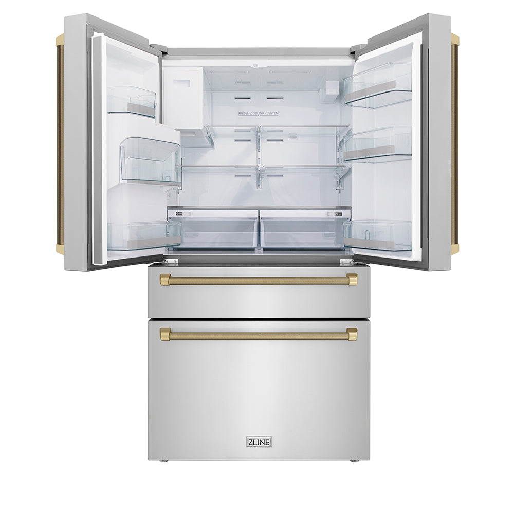 ZLINE Autograph Edition 36 in. 21.6 cu. ft. Counter-Depth French Door Refrigerator with Water and Ice Dispenser in Fingerprint-Resistant Stainless Steel with Champagne Bronze Helix Handles (RFMZ-W-36-KCB) front, open.