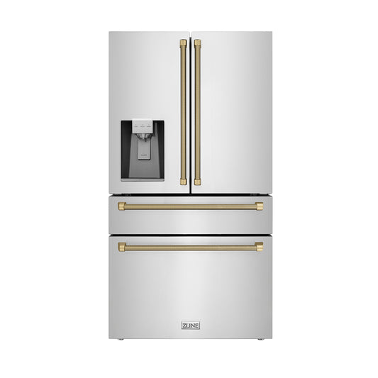 ZLINE Autograph Edition 36 in. 21.6 cu. ft. Counter-Depth French Door Refrigerator with Water and Ice Dispenser in Fingerprint-Resistant Stainless Steel with Champagne Bronze Helix Handles (RFMZ-W-36-KCB)