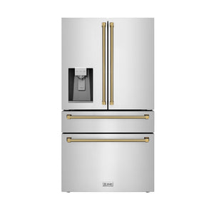ZLINE Autograph Edition 36 in. 21.6 cu. ft. Counter-Depth French Door Refrigerator with Water and Ice Dispenser in Fingerprint-Resistant Stainless Steel with Polished Gold Helix Handles (RFMZ-W-36-KG)