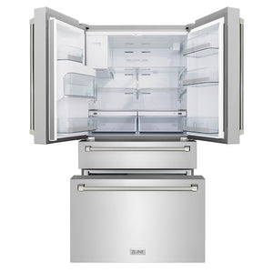 ZLINE Autograph Edition 36 in. 21.6 cu. ft. Counter-Depth French Door Refrigerator with Water and Ice Dispenser in Fingerprint-Resistant Stainless Steel with Polished Nickel Helix Handles (RFMZ-W-36-KPN) front, refrigeration compartment and bottom freezer drawers open.
