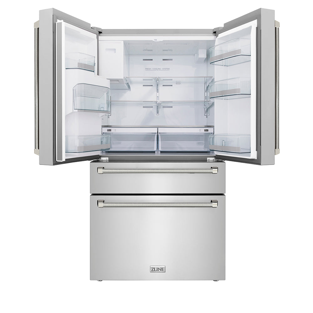 ZLINE Autograph Edition 36 in. 21.6 cu. ft. Counter-Depth French Door Refrigerator with Water and Ice Dispenser in Fingerprint-Resistant Stainless Steel with Polished Nickel Helix Handles (RFMZ-W-36-KPN) front, open.