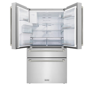 ZLINE Autograph Edition 36 in. 21.6 cu. ft. Counter-Depth French Door Refrigerator with Water and Ice Dispenser in Fingerprint-Resistant Stainless Steel with Polished Nickel Helix Handles (RFMZ-W-36-KPN) front, open.