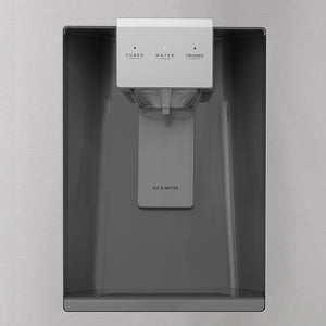 ZLINE Autograph Edition 36 in. 21.6 cu. ft. Counter-Depth French Door Refrigerator with Water and Ice Dispenser in Fingerprint-Resistant Stainless Steel with Polished Nickel Helix Handles (RFMZ-W-36-KPN) external Ice and water dispenser.