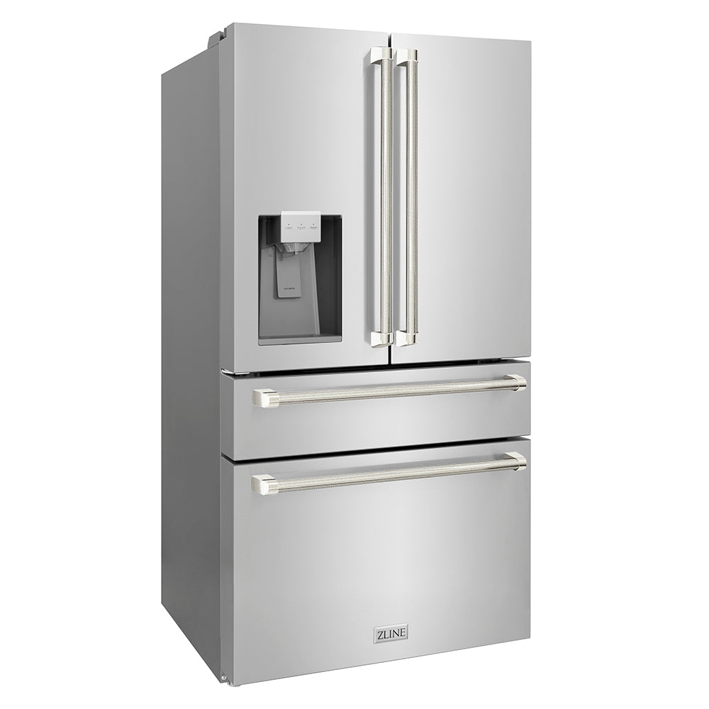 ZLINE Autograph Edition 36 in. 21.6 cu. ft. Counter-Depth French Door Refrigerator with Water and Ice Dispenser in Fingerprint-Resistant Stainless Steel with Polished Nickel Helix Handles (RFMZ-W-36-KPN) side.