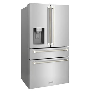ZLINE Autograph Edition 36 in. 21.6 cu. ft. Counter-Depth French Door Refrigerator with Water and Ice Dispenser in Fingerprint-Resistant Stainless Steel with Polished Nickel Helix Handles (RFMZ-W-36-KPN) side.