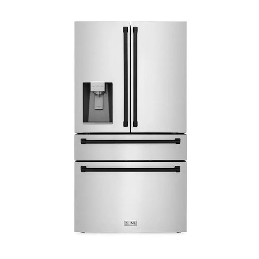 ZLINE Autograph Edition 36 in. 21.6 cu. ft. Counter-Depth French Door Refrigerator with Water and Ice Dispenser in Fingerprint-Resistant Stainless Steel with Matte Black Traditional Handles (RFMZ-W-36-MB) main image.