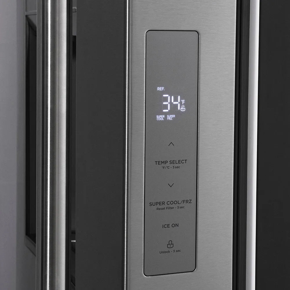 Digital temperature control panel on a ZLINE 36 in. 28.9 cu. ft. Standard-Depth French Door External Water Dispenser Refrigerator with Dual Ice Maker in Fingerprint-Resistant Stainless Steel (RSM-W-36) door with a digital display and buttons.