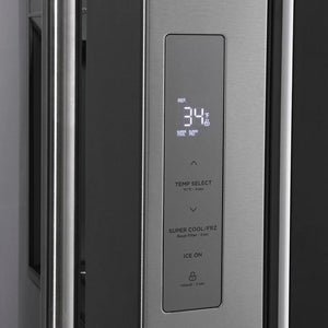 Digital temperature control panel on a ZLINE 36 in. 28.9 cu. ft. Standard-Depth French Door External Water Dispenser Refrigerator with Dual Ice Maker in Fingerprint-Resistant Stainless Steel (RSM-W-36) door with a digital display and buttons.