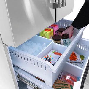 Open ZLINE 36 in. 28.9 cu. ft. Standard-Depth French Door External Water Dispenser Refrigerator with Dual Ice Maker in Fingerprint-Resistant Stainless Steel (RSM-W-36) with various food items inside, including ice cubes and packaged goods.