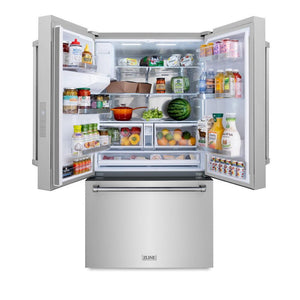 ZLINE 36 in. 28.9 cu. ft. Standard-Depth French Door External Water Dispenser Refrigerator with Dual Ice Maker in Fingerprint-Resistant Stainless Steel (RSM-W-36) front, open, with various food items on shelves and in door storage bins.