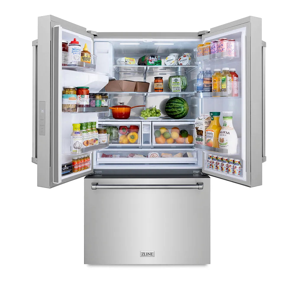Open ZLINE 36 in. 28.9 cu. ft. Standard-Depth French Door External Water Dispenser Refrigerator with Dual Ice Maker in Fingerprint-Resistant Stainless Steel (RSM-W-36) with various food items on a white background