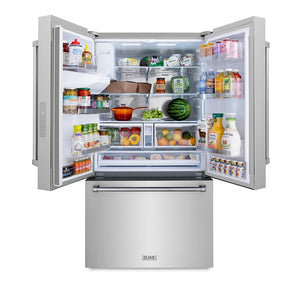 Open ZLINE 36 in. 28.9 cu. ft. Standard-Depth French Door External Water Dispenser Refrigerator with Dual Ice Maker in Fingerprint-Resistant Stainless Steel (RSM-W-36) with various food items on a white background