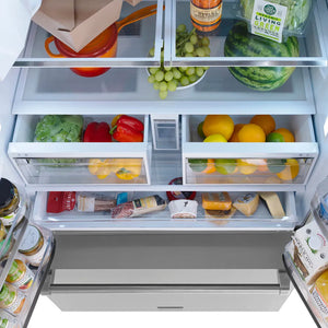 Open ZLINE 36 in. 28.9 cu. ft. Standard-Depth French Door External Water Dispenser Refrigerator with Dual Ice Maker in Fingerprint-Resistant Stainless Steel (RSM-W-36) with various food items on the shelves