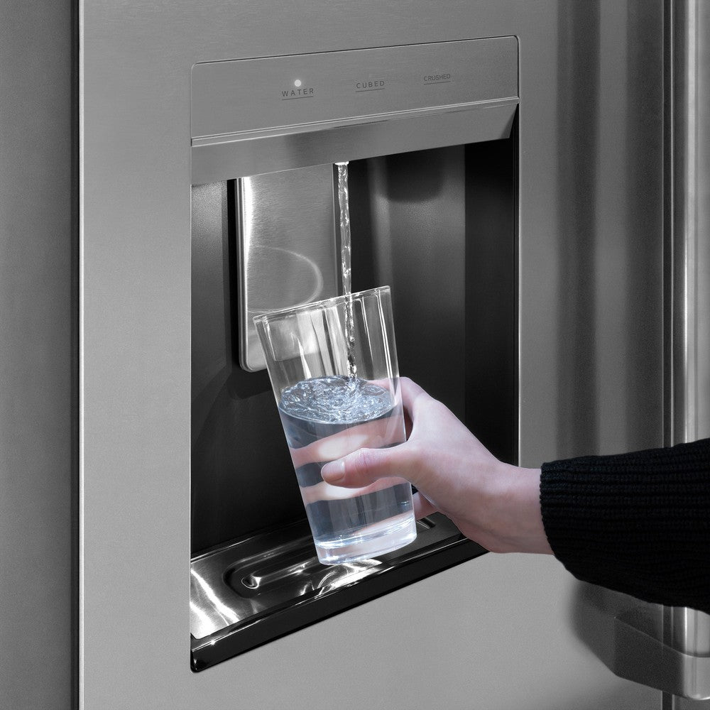 ZLINE 36 in. 28.9 cu. ft. Standard-Depth French Door External Water Dispenser Refrigerator with Dual Ice Maker in Fingerprint Resistant Stainless Steel (RSM-W-36) features an external water and ice dispenser.