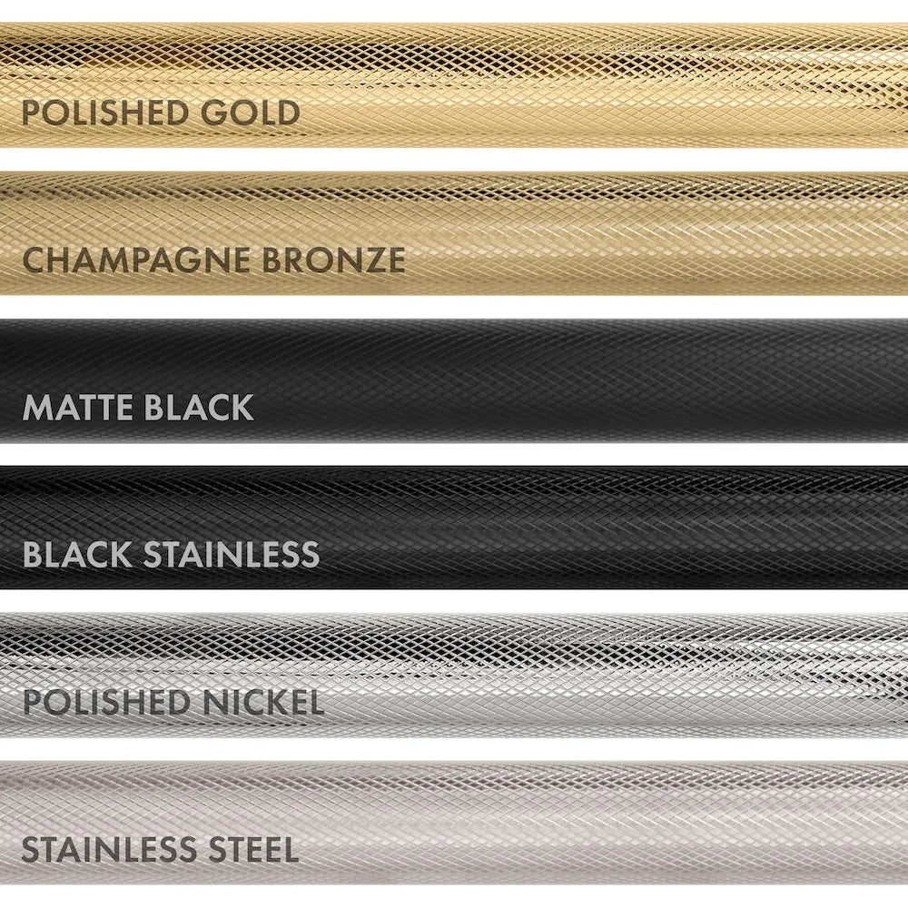 ZLINE Autograph Edition Helix handle finishes with knurled diamond texture grip. Top to Bottom: Polished Gold, Champagne Bronze, Matte Black, Black Stainless, Polished Nickel, and Stainless Steel.