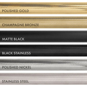 ZLINE Autograph Edition Helix handle finishes with knurled diamond texture grip. Top to Bottom: Polished Gold, Champagne Bronze, Matte Black, Black Stainless, Polished Nickel, and Stainless Steel.