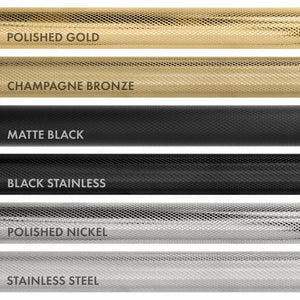 Comparison of different Helix handle finishes from top to bottom: Polished Gold, Champagne Bronze, Matte Black, Black Stainless, Polished Nickel, and Stainless Steel.