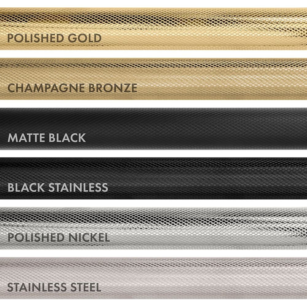 ZLINE Autograph Edition Helix handle finishes with knurled diamond texture grip. Top to Bottom: Polished Gold, Champagne Bronze, Matte Black, Black Stainless, Polished Nickel, and Stainless Steel.