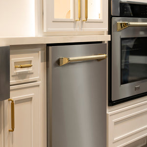 ZLINE Autograph Edition Helix handle finishes with knurled diamond texture grip. Top to Bottom: Polished Gold, Champagne Bronze, Matte Black, Black Stainless, Polished Nickel, and Stainless Steel.