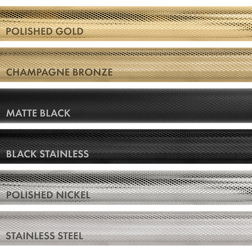 Comparison of different Helix handle finishes from top to bottom: Polished Gold, Champagne Bronze, Matte Black, Black Stainless, Polished Nickel, and Stainless Steel.