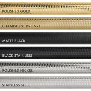 Comparison of different Helix handle finishes from top to bottom: Polished Gold, Champagne Bronze, Matte Black, Black Stainless, Polished Nickel, and Stainless Steel.