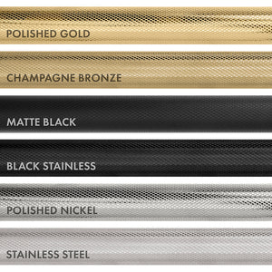 Comparison of different Helix handle finishes from top to bottom: Polished Gold, Champagne Bronze, Matte Black, Black Stainless, Polished Nickel, and Stainless Steel.
