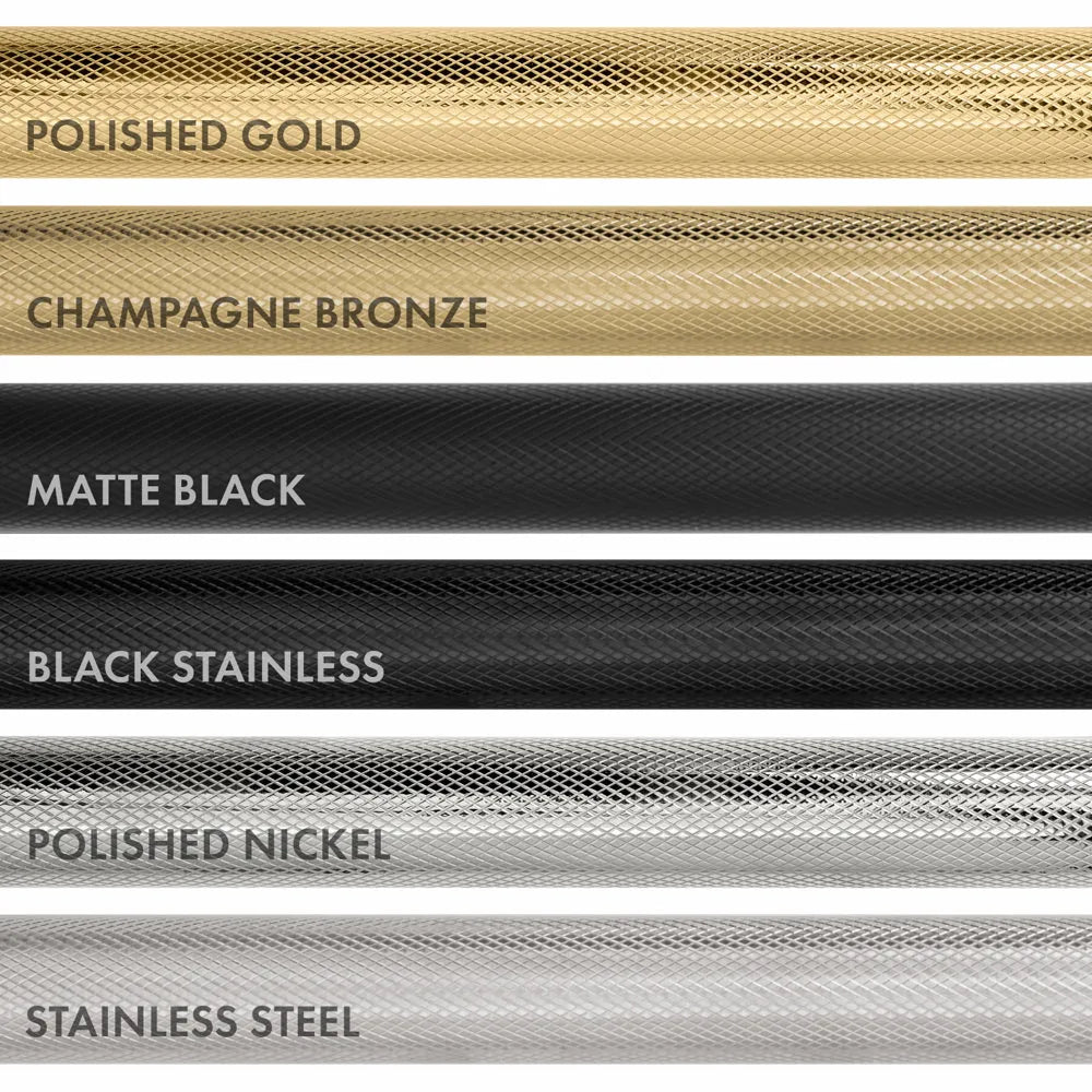 Comparison of different Helix handle finishes from top to bottom: Polished Gold, Champagne Bronze, Matte Black, Black Stainless, Polished Nickel, and Stainless Steel.