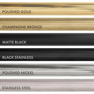 ZLINE Autograph Edition Helix handle finishes with knurled diamond texture grip. Top to Bottom: Polished Gold, Champagne Bronze, Matte Black, Black Stainless, Polished Nickel, and Stainless Steel.