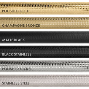 Comparison of different Helix handle finishes from top to bottom: Polished Gold, Champagne Bronze, Matte Black, Black Stainless, Polished Nickel, and Stainless Steel.