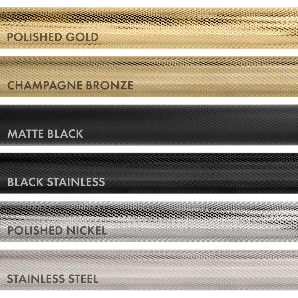 Comparison of different Helix handle finishes from top to bottom: Polished Gold, Champagne Bronze, Matte Black, Black Stainless, Polished Nickel, and Stainless Steel.