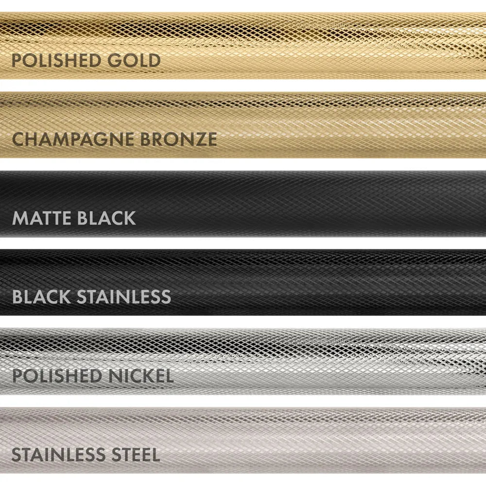 Comparison of different Helix handle finishes from top to bottom: Polished Gold, Champagne Bronze, Matte Black, Black Stainless, Polished Nickel, and Stainless Steel.