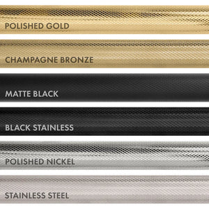 Comparison of different Helix handle finishes from top to bottom: Polished Gold, Champagne Bronze, Matte Black, Black Stainless, Polished Nickel, and Stainless Steel.